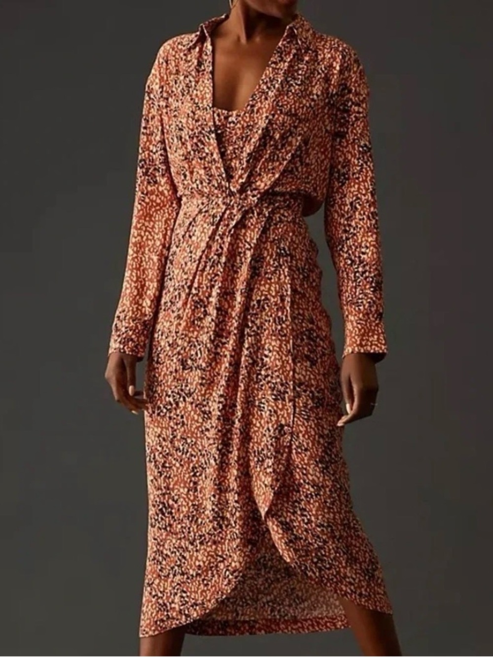 By Anthropologie Rust Leopard Print Twofer Faux Wrap Midi Dress Size S EUC